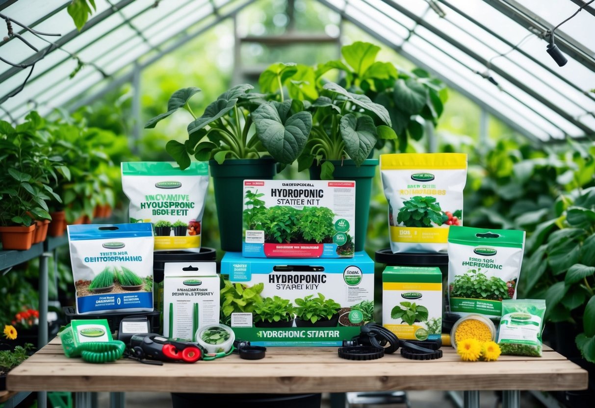 A variety of hydroponic starter kits displayed in a greenhouse setting, surrounded by lush greenery and innovative gardening ideas