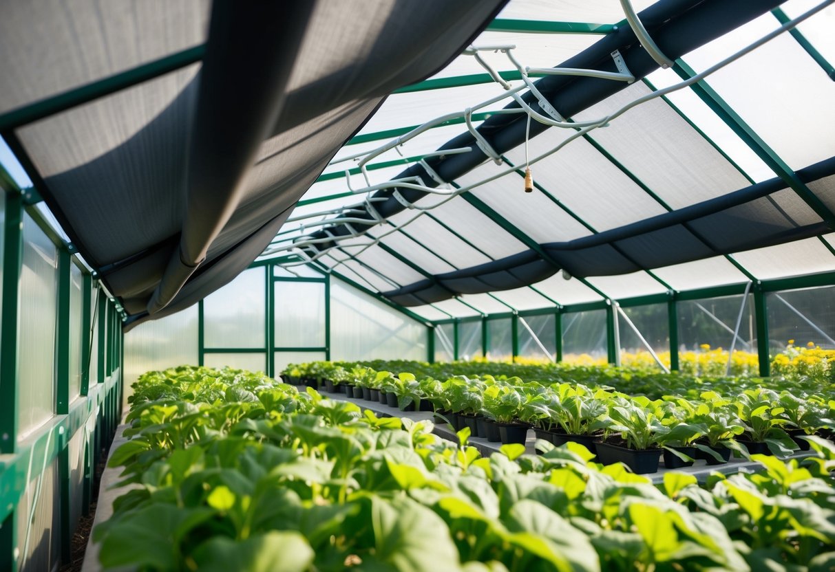 A greenhouse with adjustable shade cloths covering the roof and sides, allowing for control of sunlight and temperature