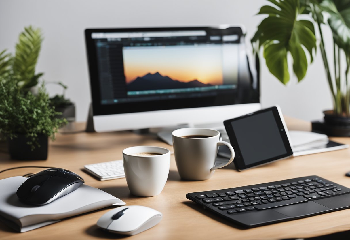 A desk with a computer, mouse, keyboard, tablet, pen, ruler, sketchbook, coffee mug, headphones, and plant