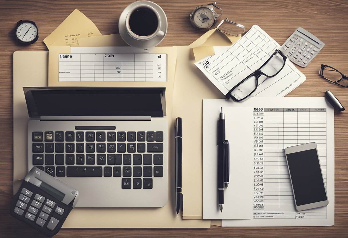 A desk with a computer, calendar, clock, calculator, and invoice template. A notepad and pen for jotting down tasks and deadlines
