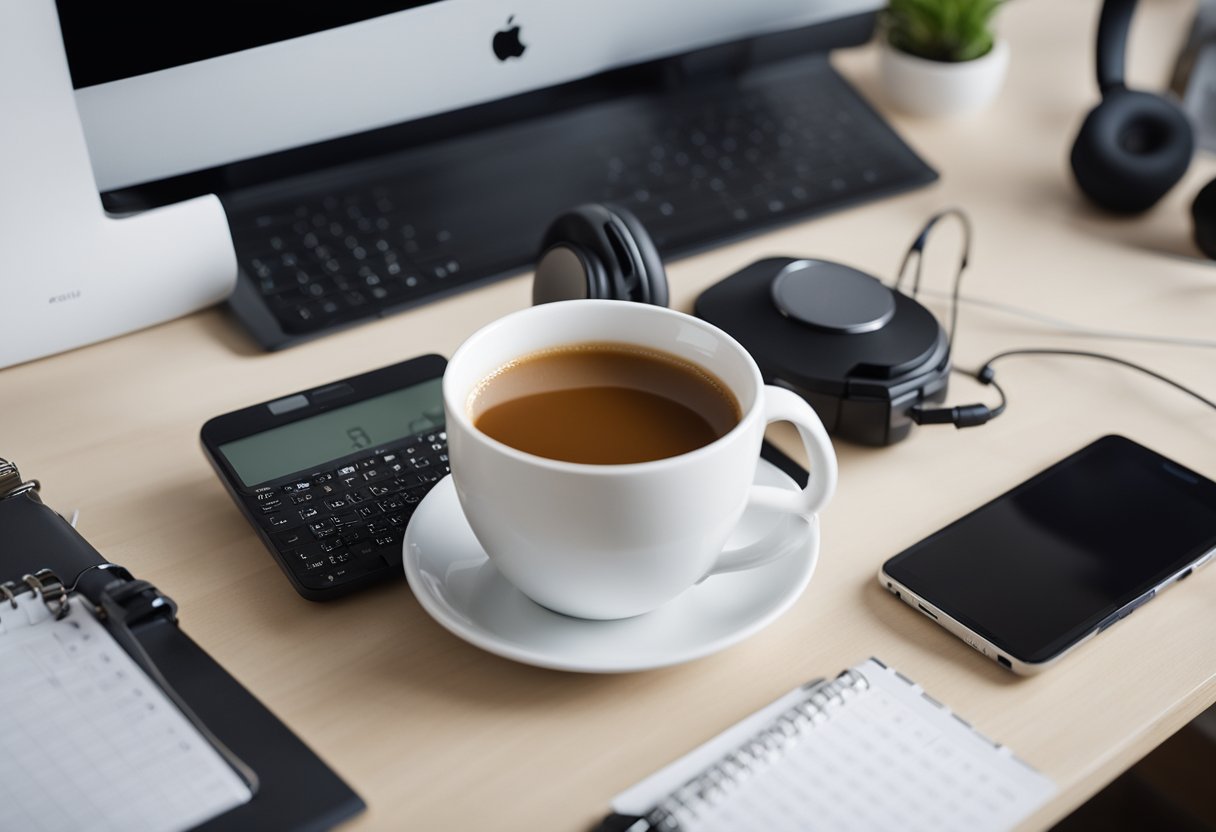A freelance web designer's desk with a computer, notebook, pen, smartphone, headphones, sketchbook, coffee mug, plant, and a calendar