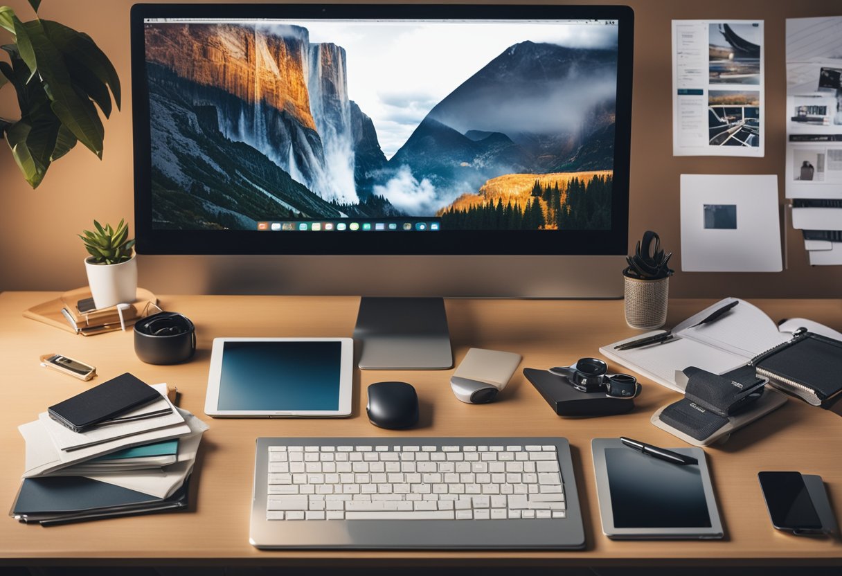 A desk with a computer, graphic tablet, sketchbook, and various design tools scattered around. A mood board and inspirational images hang on the wall
