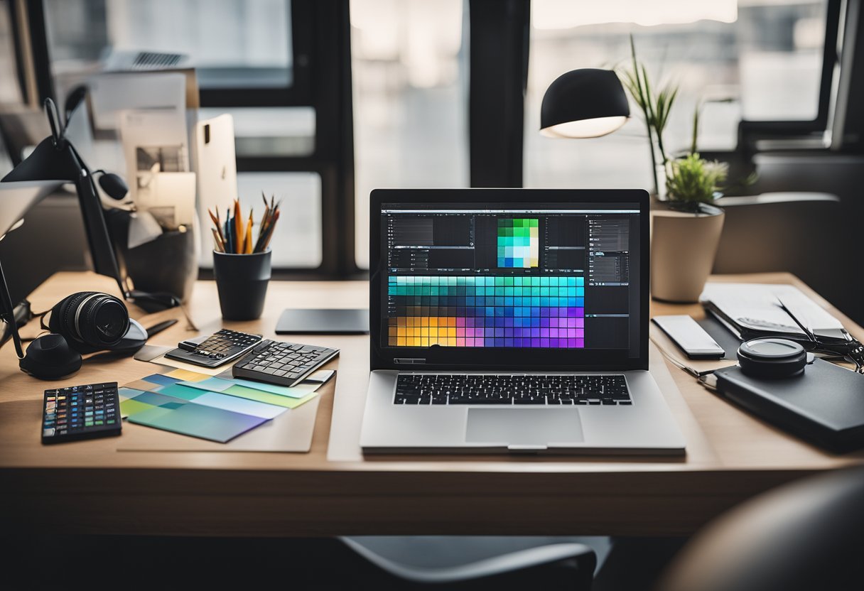A freelance web designer's desk with a computer, graphic tablet, sketchbook, ruler, color swatches, and various design tools