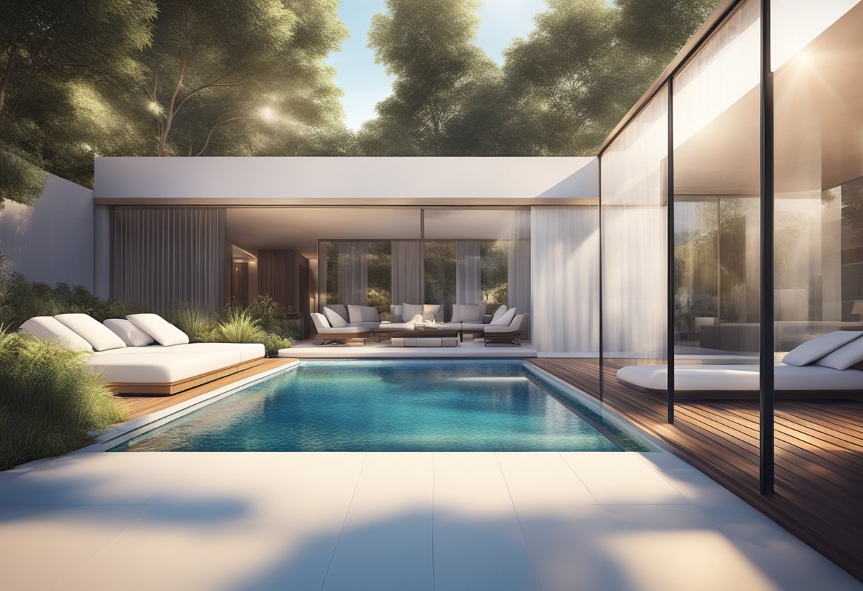 A luxurious pool surrounded by designer pool covers, with sleek and modern patterns and colors. Sunlight reflects off the water, creating a tranquil and inviting atmosphere