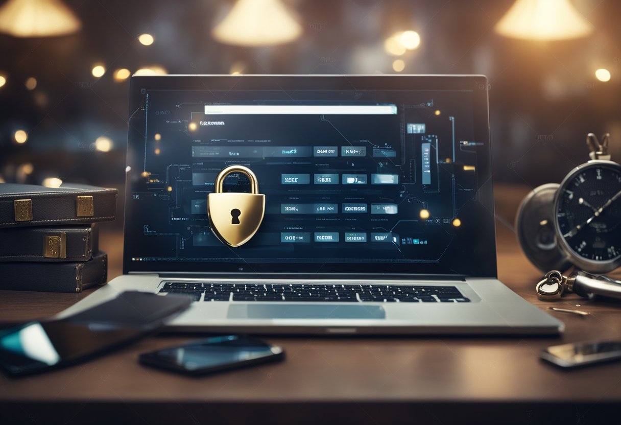A desk with a computer, lock and key, firewall, shield, padlock, shield, antivirus, VPN, secure password, and encryption tools