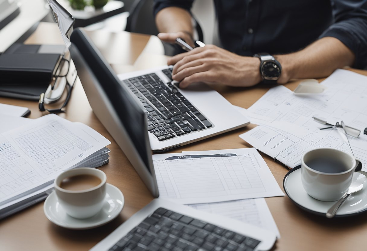 A freelance web designer working at a cluttered desk with multiple open browser tabs, sketching out wireframes and making notes on a notepad while balancing a cup of coffee