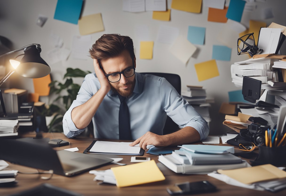 A freelance web designer working at a cluttered desk, juggling multiple projects while managing client communications and deadlines
