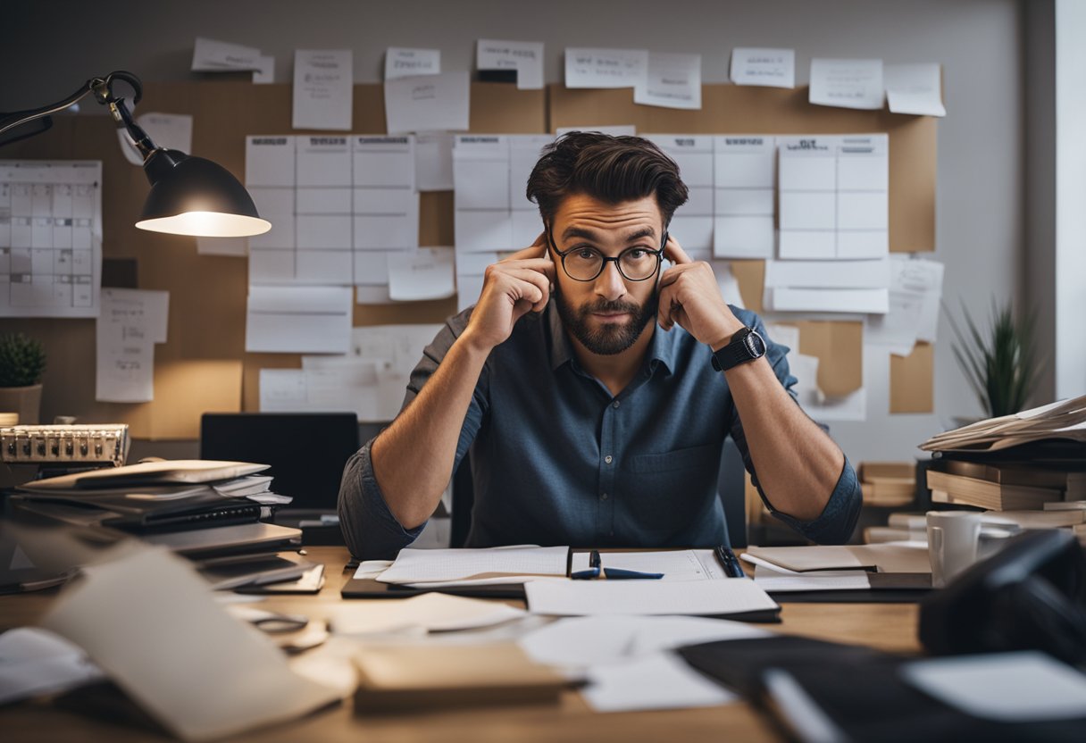 A freelance web designer working at a cluttered desk, surrounded by unfinished projects and a calendar with missed deadlines. Frustrated expression