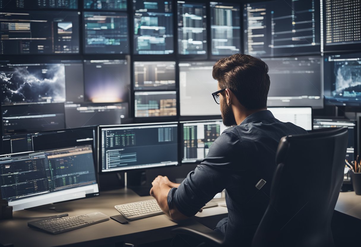A freelance web designer working at a desk, surrounded by computer screens and design tools. Frustrated expression as they realize common mistakes