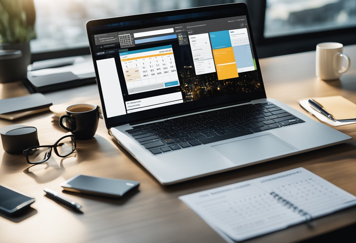 A laptop with a web design software open, a desk with a notebook and pen, a stack of business cards, and a calendar with dates circled