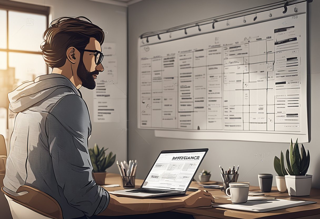 A freelancer sits at a desk with a laptop, sketching wireframes and brainstorming ideas for web design projects. A calendar and client list are pinned to the wall for organization