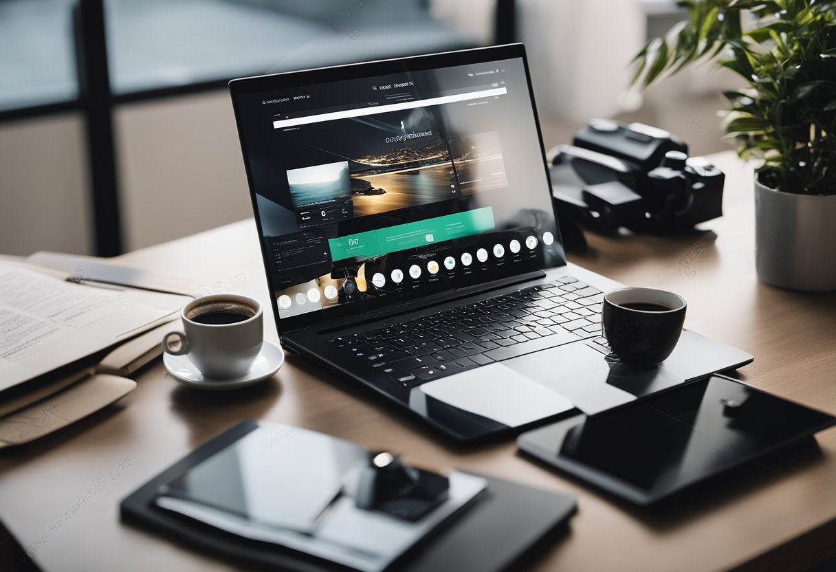 A laptop with a sleek and modern web design displayed on the screen, surrounded by various design tools and a cup of coffee on a clean desk