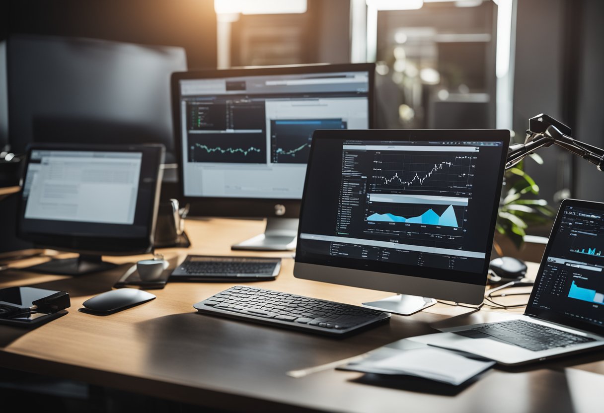 A modern, organized workspace with a computer, notebook, and design tools. A chart showing business growth and success