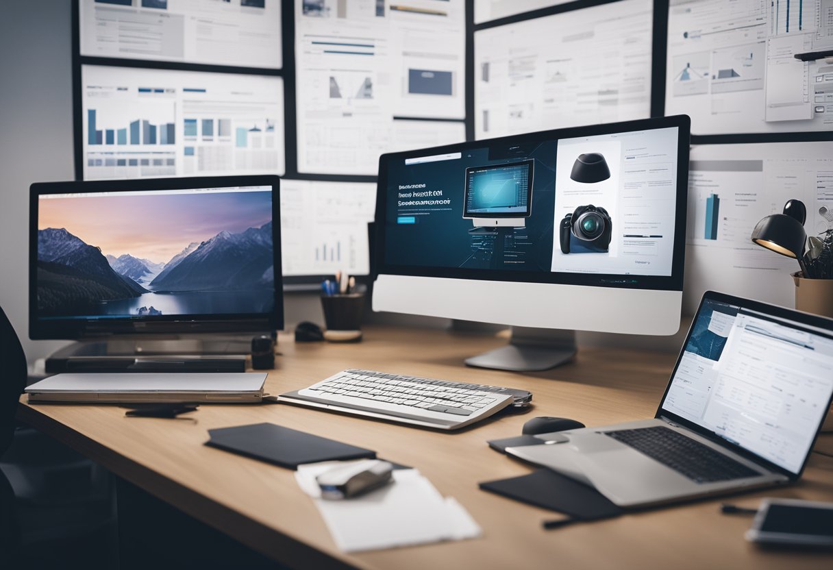 A person at a desk, surrounded by a computer, notebook, and design tools, with a website wireframe on the screen