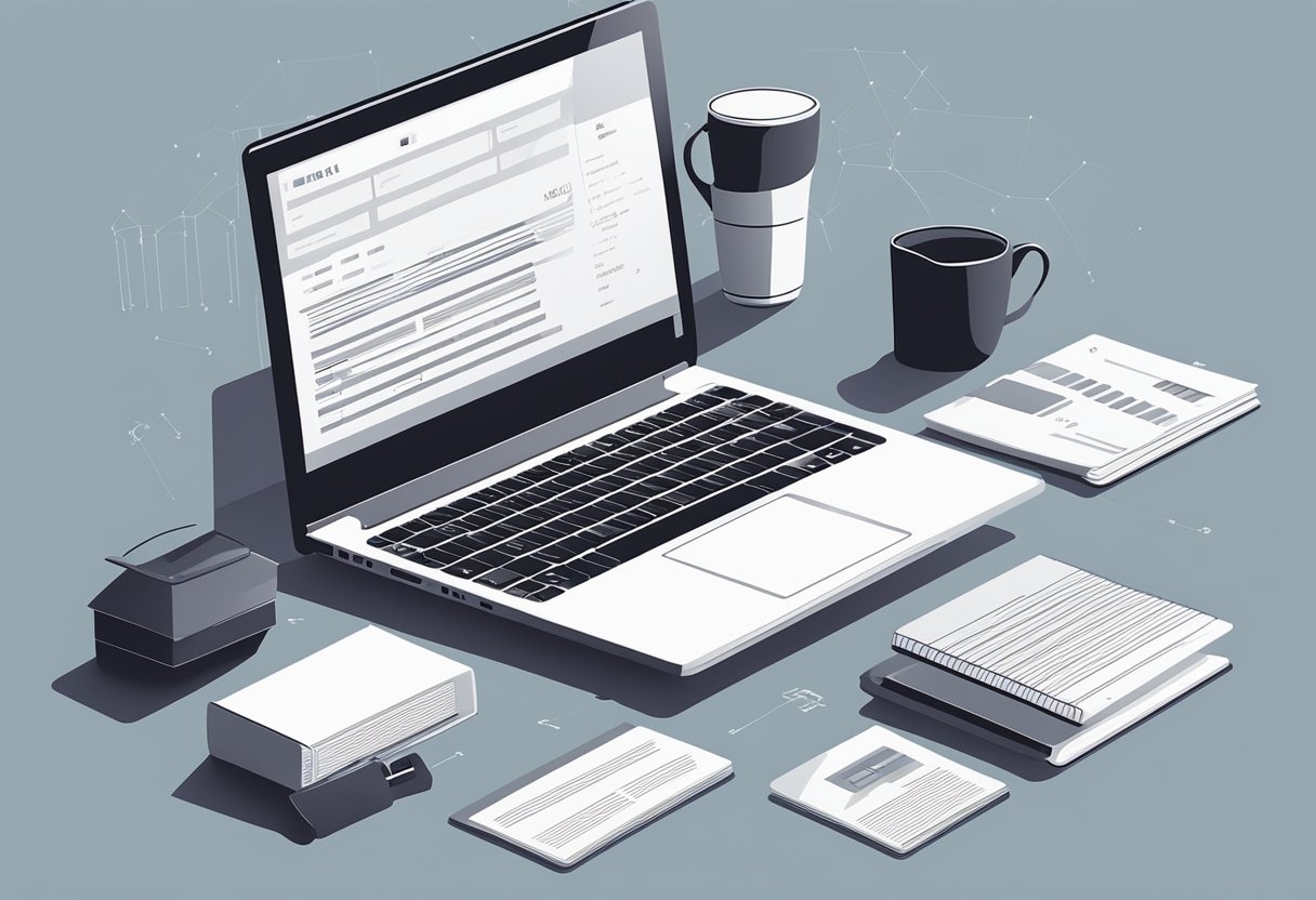 A laptop, notebook, and pencil on a desk. A web design sketch and business plan are visible