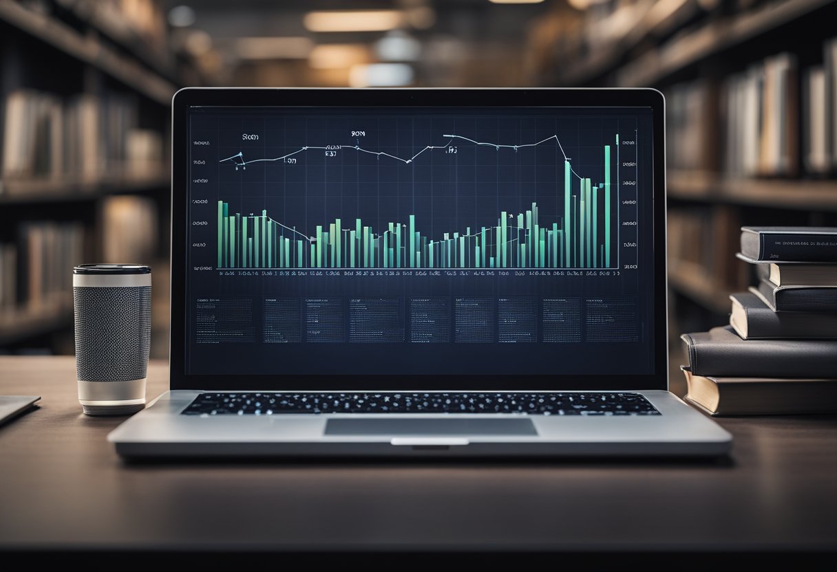 En computerskærm, der viser en graf med en lang hale af søgeord, omgivet af bøger om søgemaskineoptimering og marketingstrategier