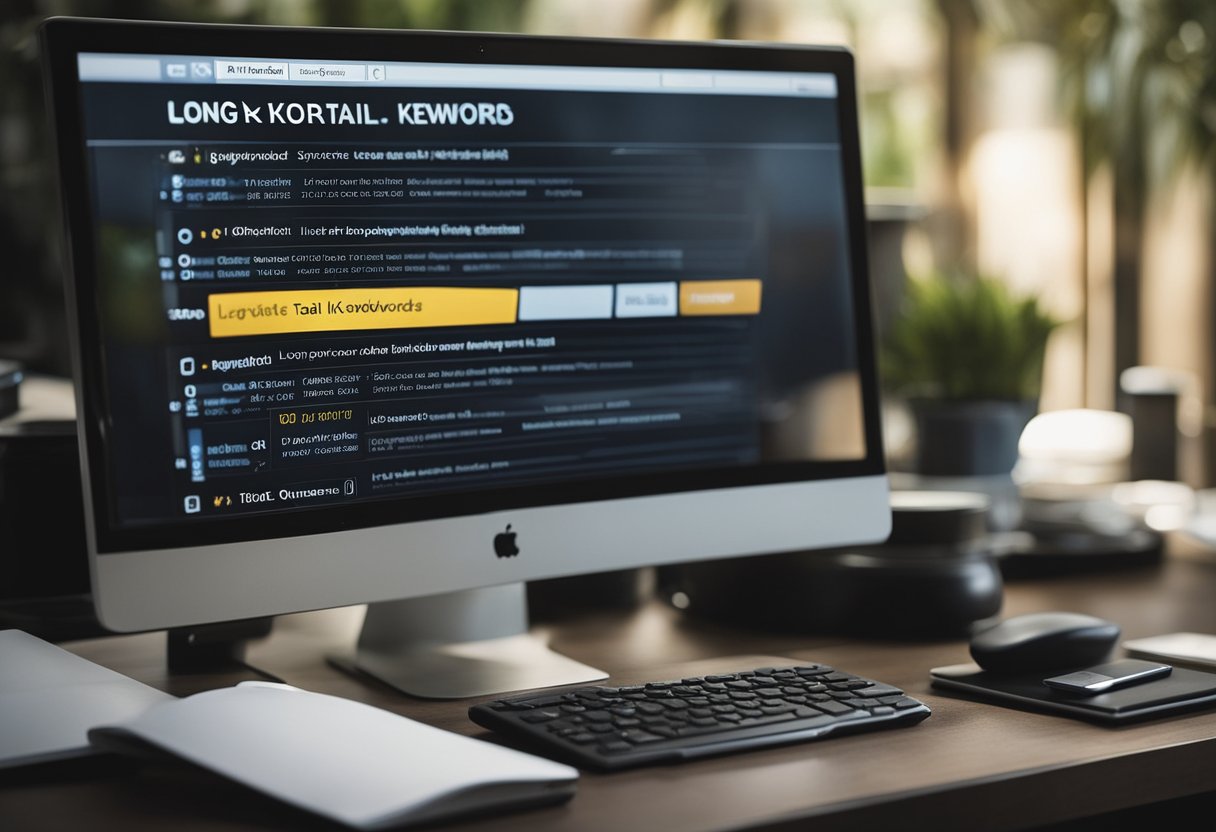 En computerskærm, der viser søgeresultater for "long tail keywords" med en liste over relaterede forespørgsler og en søgefelt