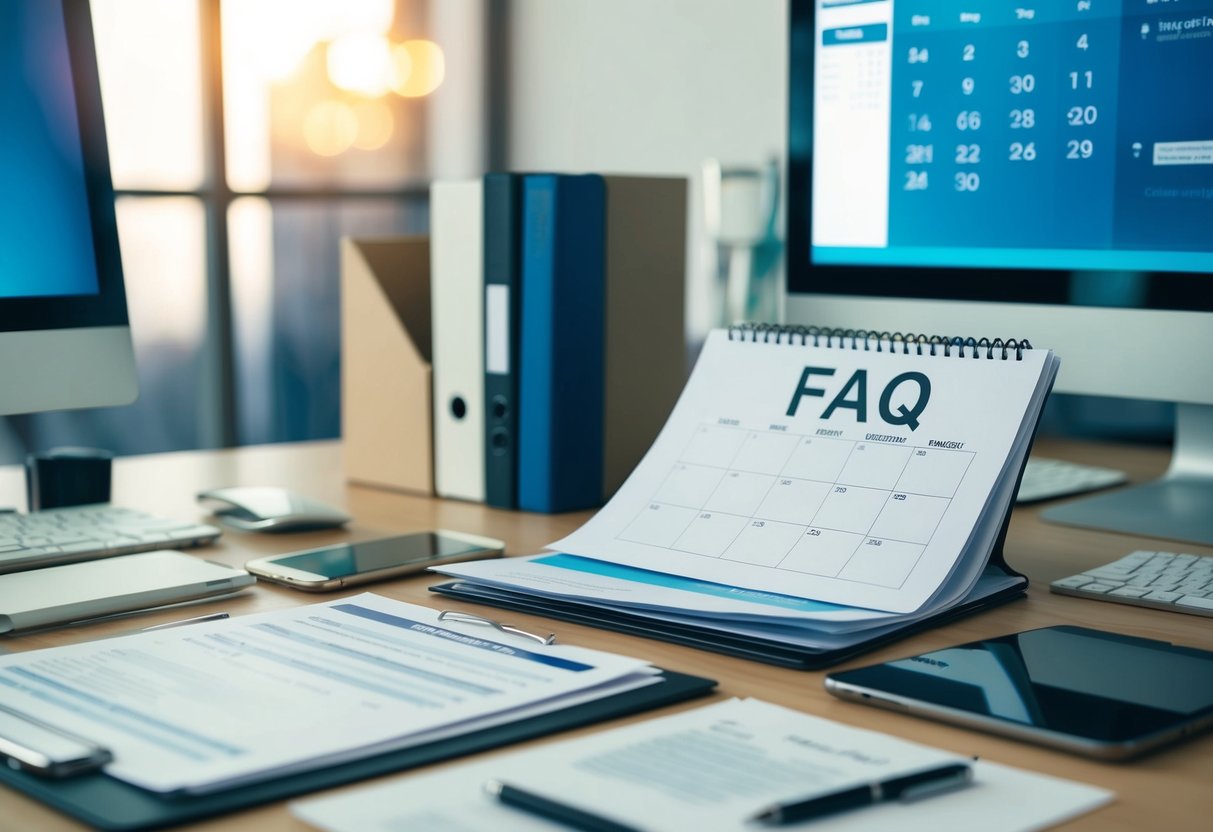 Un bureau encombré avec des documents, un ordinateur et un téléphone. Un calendrier avec des échéances et un document "FAQ" sont visibles.