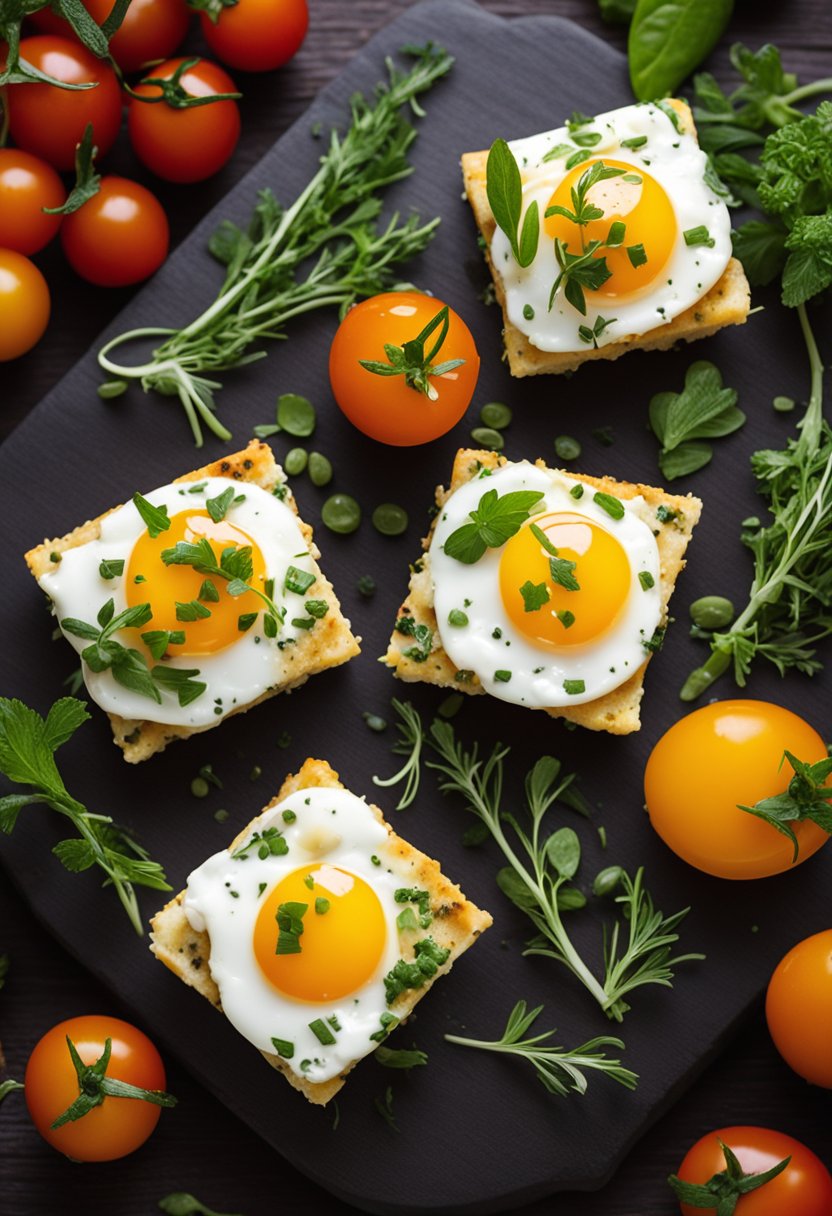 Keto egg bites arranged on a wooden cutting board with fresh herbs and cherry tomatoes