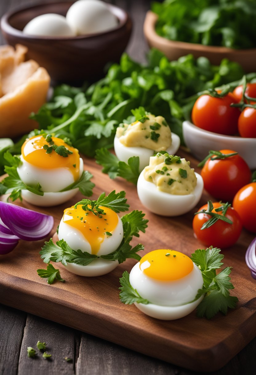 A plate of keto egg bites on a wooden cutting board, garnished with fresh herbs and surrounded by colorful vegetables