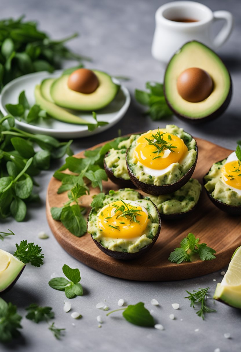 A plate of keto egg bites surrounded by fresh herbs and sliced avocado