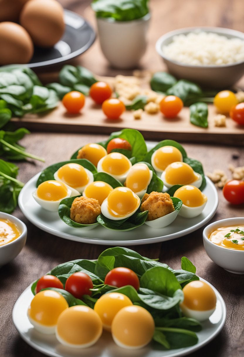 A platter of keto egg bites surrounded by fresh ingredients like spinach, tomatoes, and cheese, with steam rising from the warm bites