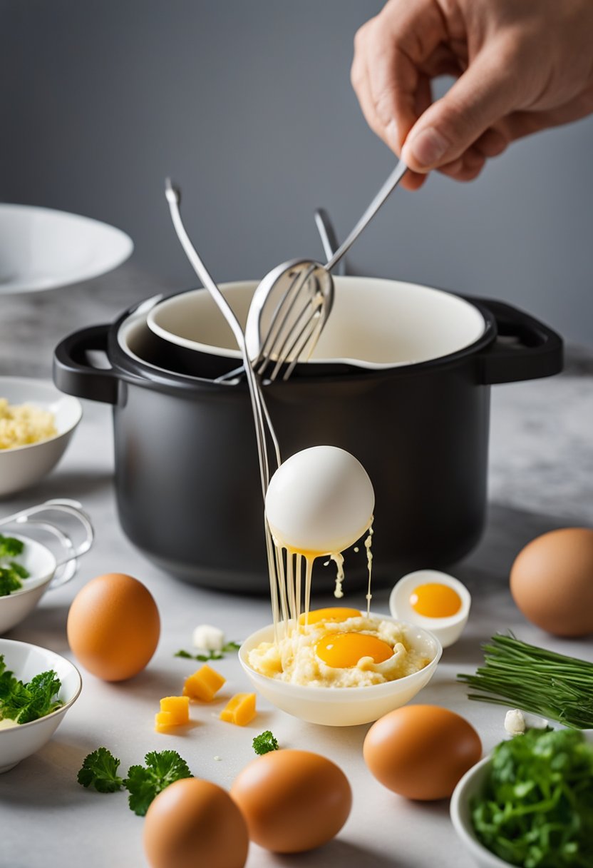 Whisking eggs in a bowl, adding chopped vegetables and cheese. Pouring mixture into silicone egg bite molds. Placing molds in a pressure cooker