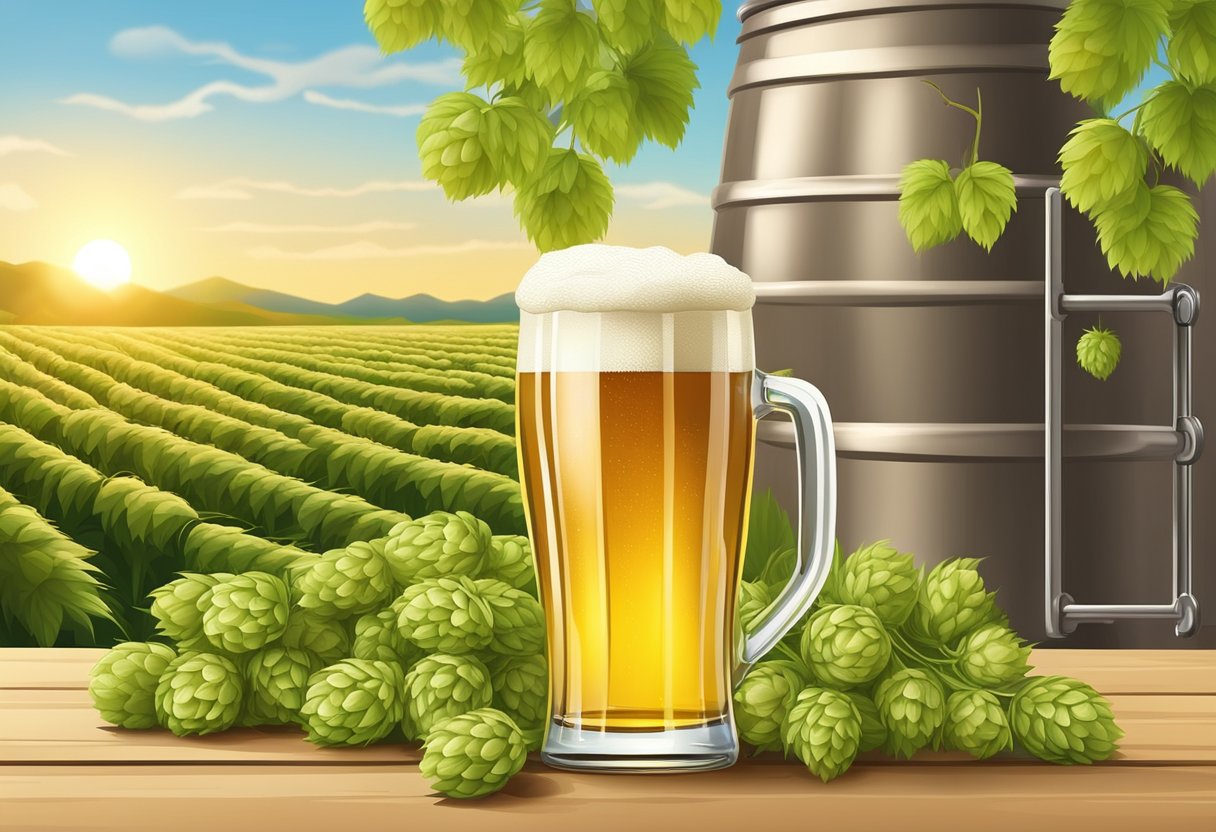 A glass of beer surrounded by fresh hops and barley, with a backdrop of a sunny brewery