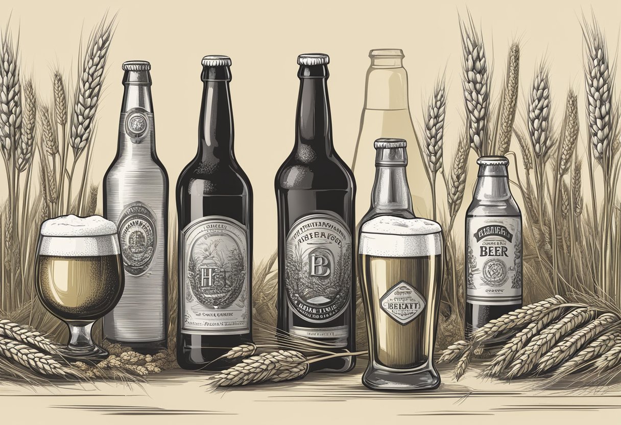 A variety of beer bottles and glasses surrounded by hops, barley, and wheat. A nutritional label with key health benefits prominently displayed