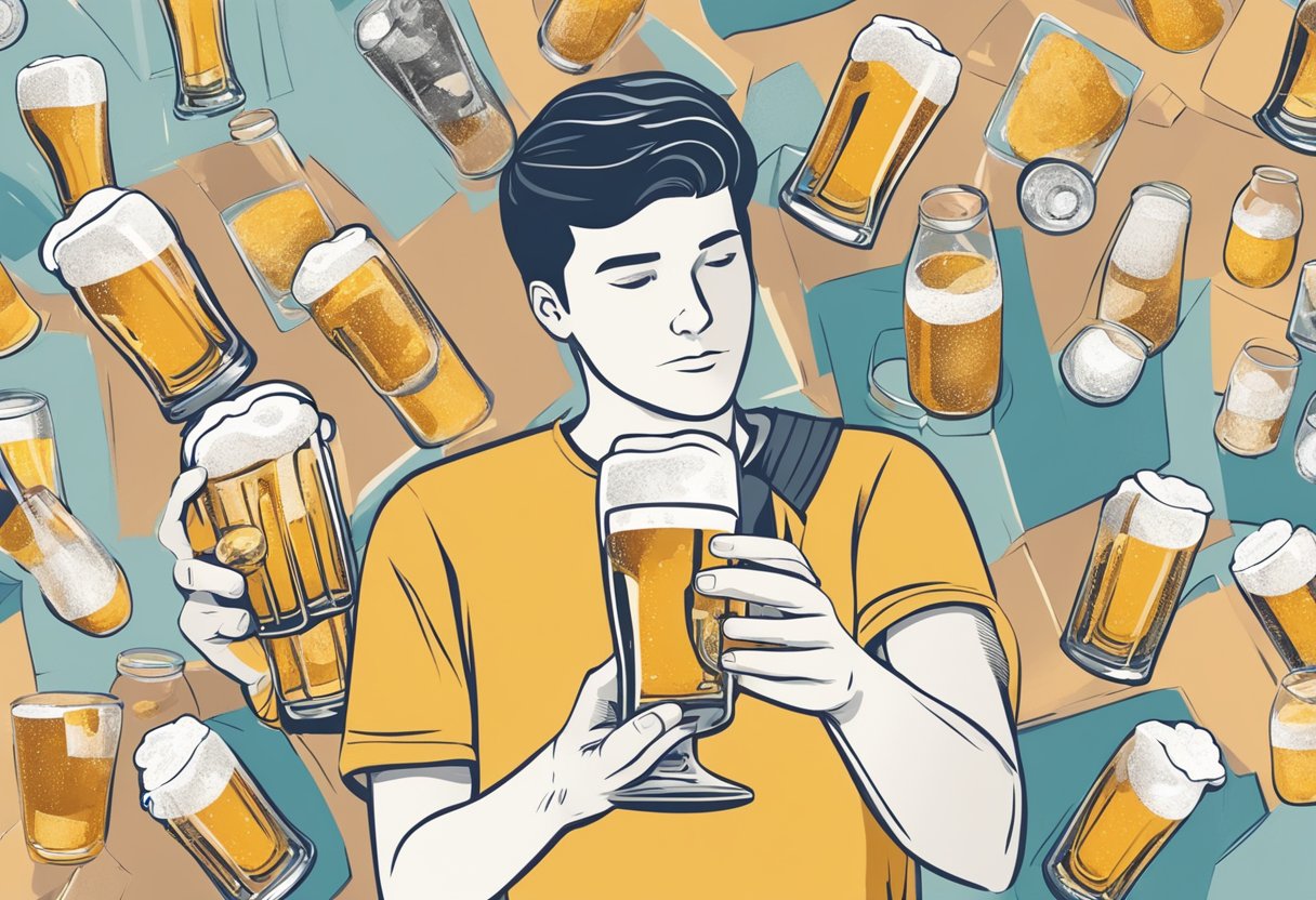 A person holding a glass of beer while surrounded by images of potential health risks and consequences of consumption