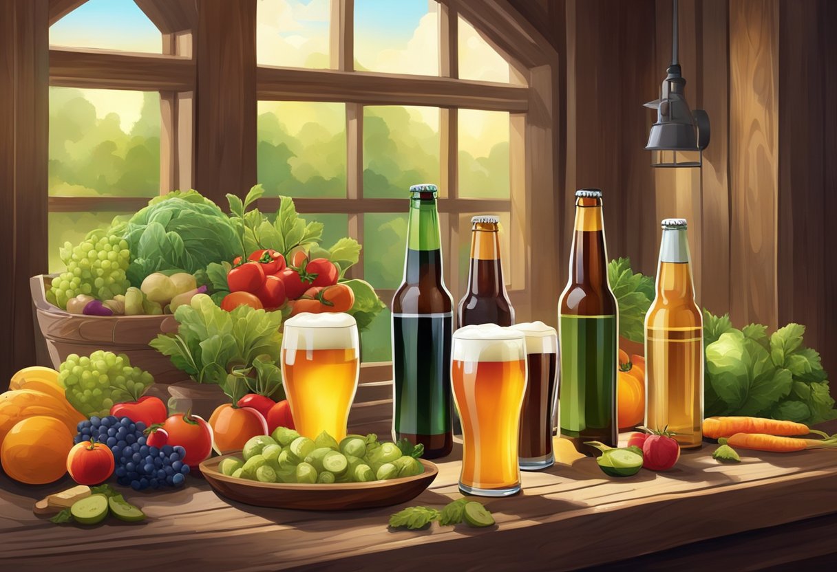 A variety of beers arranged on a rustic wooden table, surrounded by fresh fruits and vegetables, with a soft glow of natural light shining through a nearby window