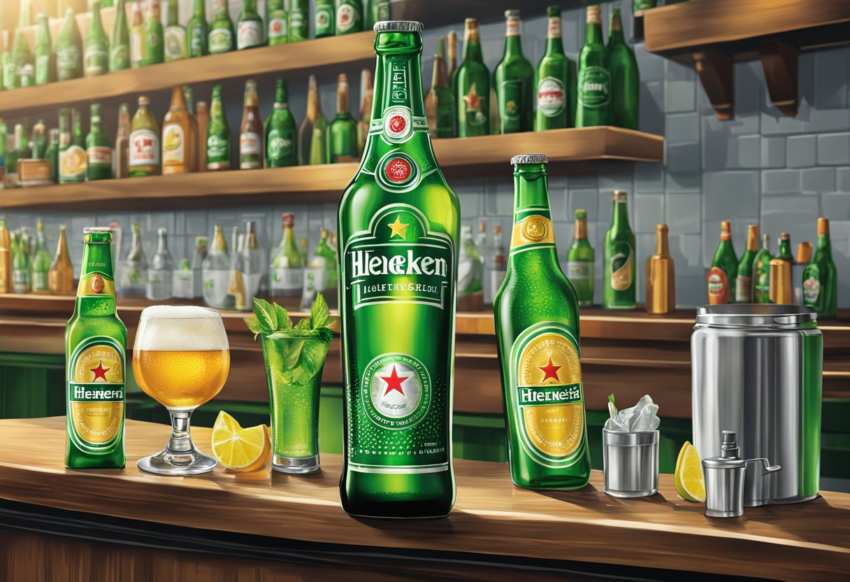 A bottle of Heineken sits on a bar counter, surrounded by other beverages and barware