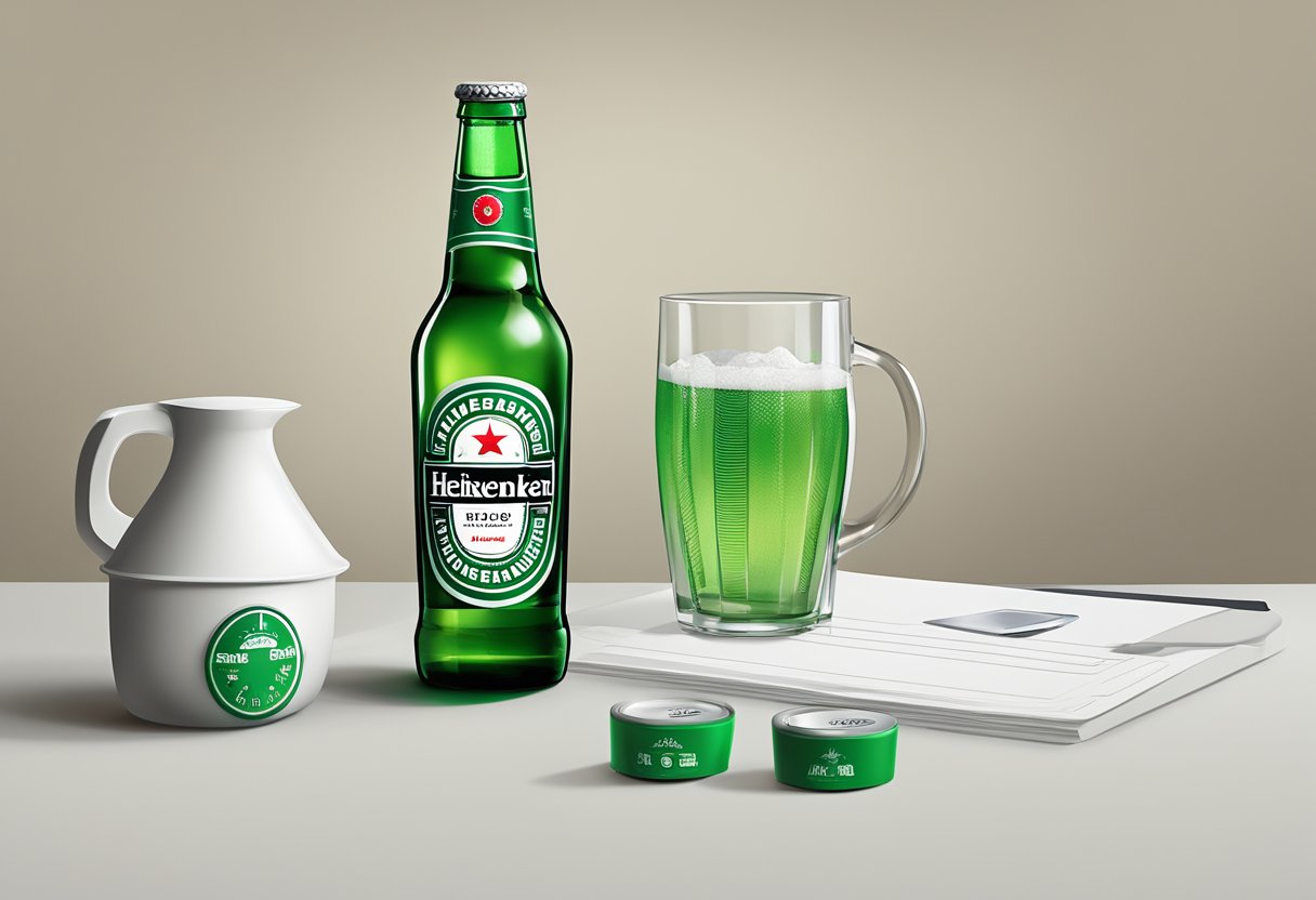 A bottle of Heineken sits on a table next to a measuring cup, with a digital alcohol content meter displayed nearby