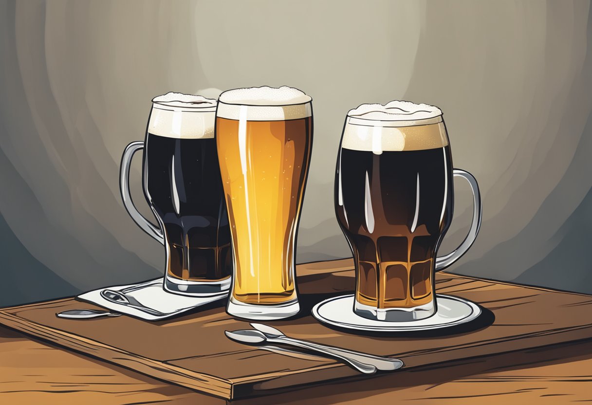 A table with two glasses, one filled with regular beer and the other with dark beer, showcasing the contrast in color and possibly texture