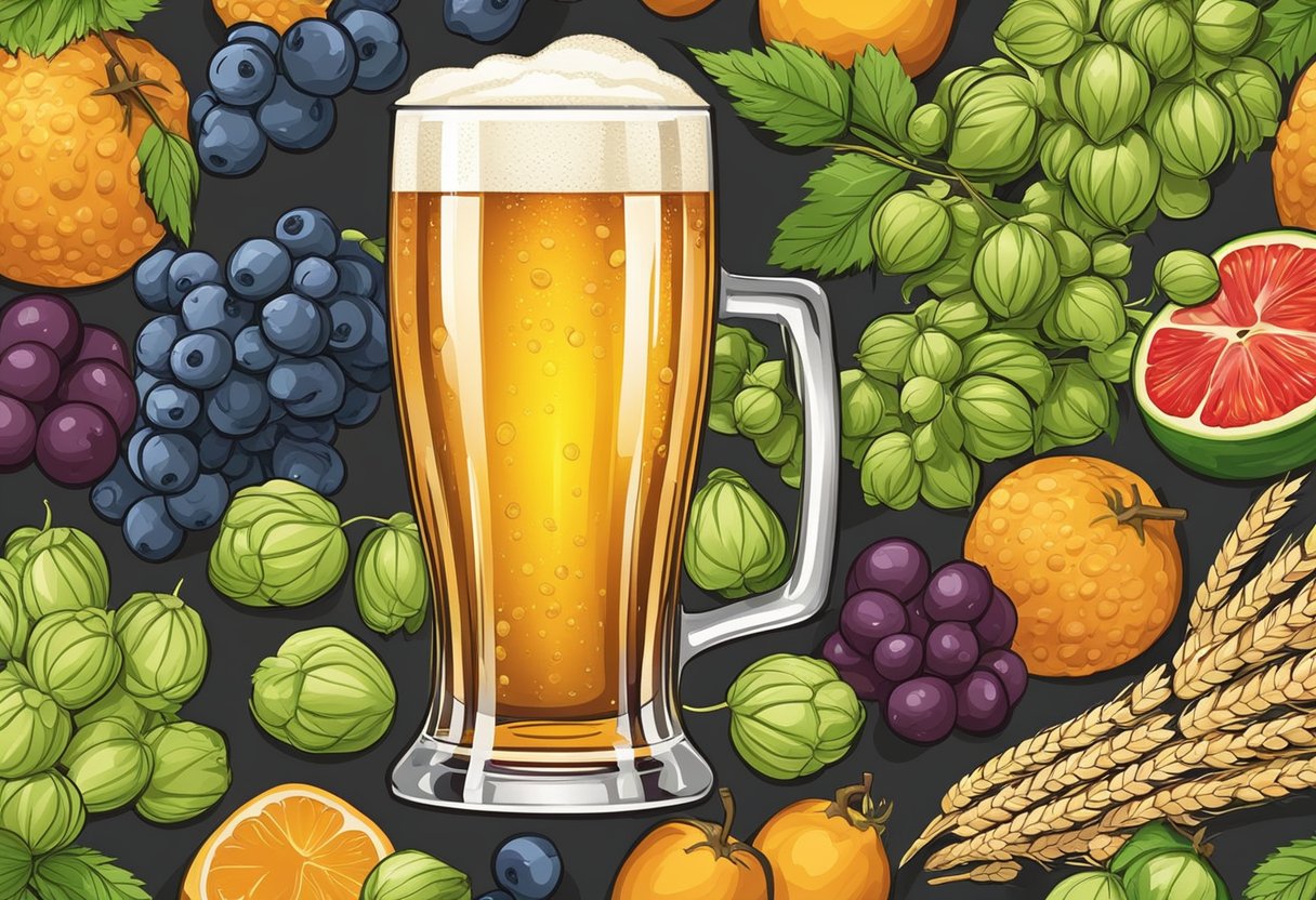 A glass of beer surrounded by hops, barley, and a variety of fruits and vegetables