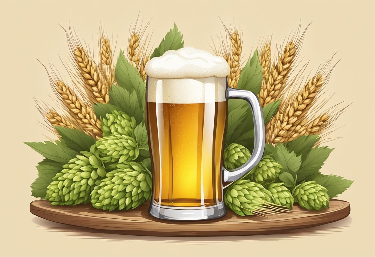 A glass of beer surrounded by ingredients like hops, barley, and wheat, with a backdrop of a brewery or beer garden