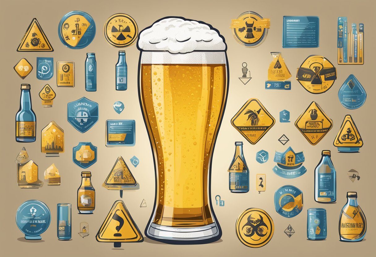 A glass of beer surrounded by warning signs and symbols of potential health risks