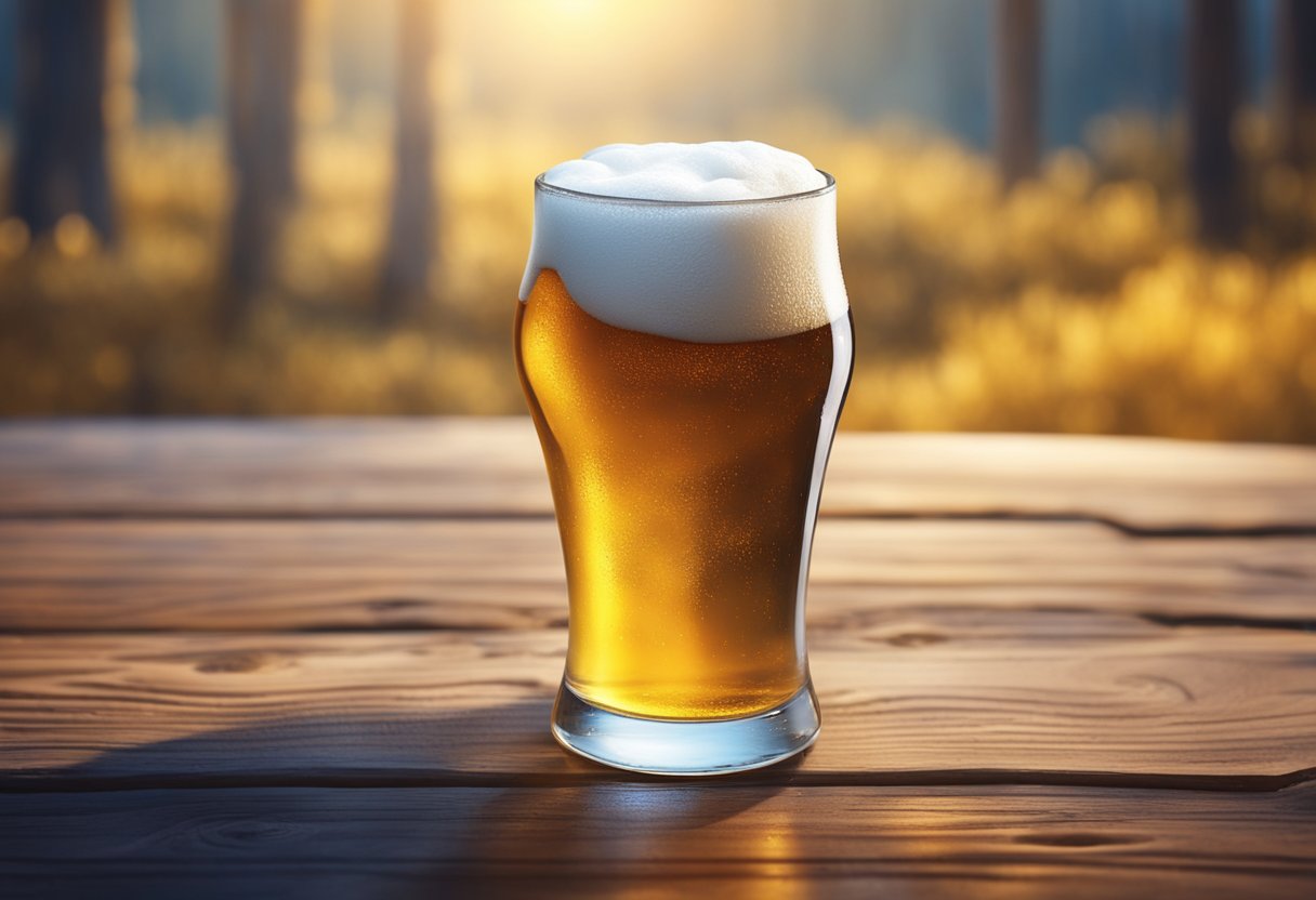 A glass of beer sits on a rustic wooden table, condensation forming on the sides. The amber liquid sparkles in the light, inviting the viewer to imagine the taste