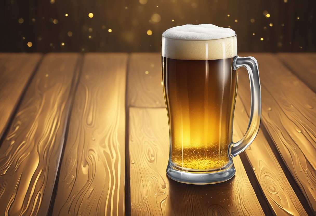 A glass of beer sits on a wooden table, condensation dripping down the sides. The golden liquid inside sparkles in the light, emitting a rich aroma of hops and malt