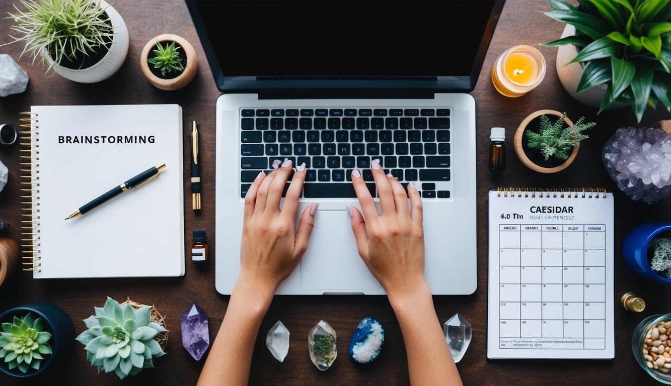 A laptop surrounded by various holistic items such as plants, crystals, and essential oils. A notebook filled with brainstorming ideas and a calendar with content schedule