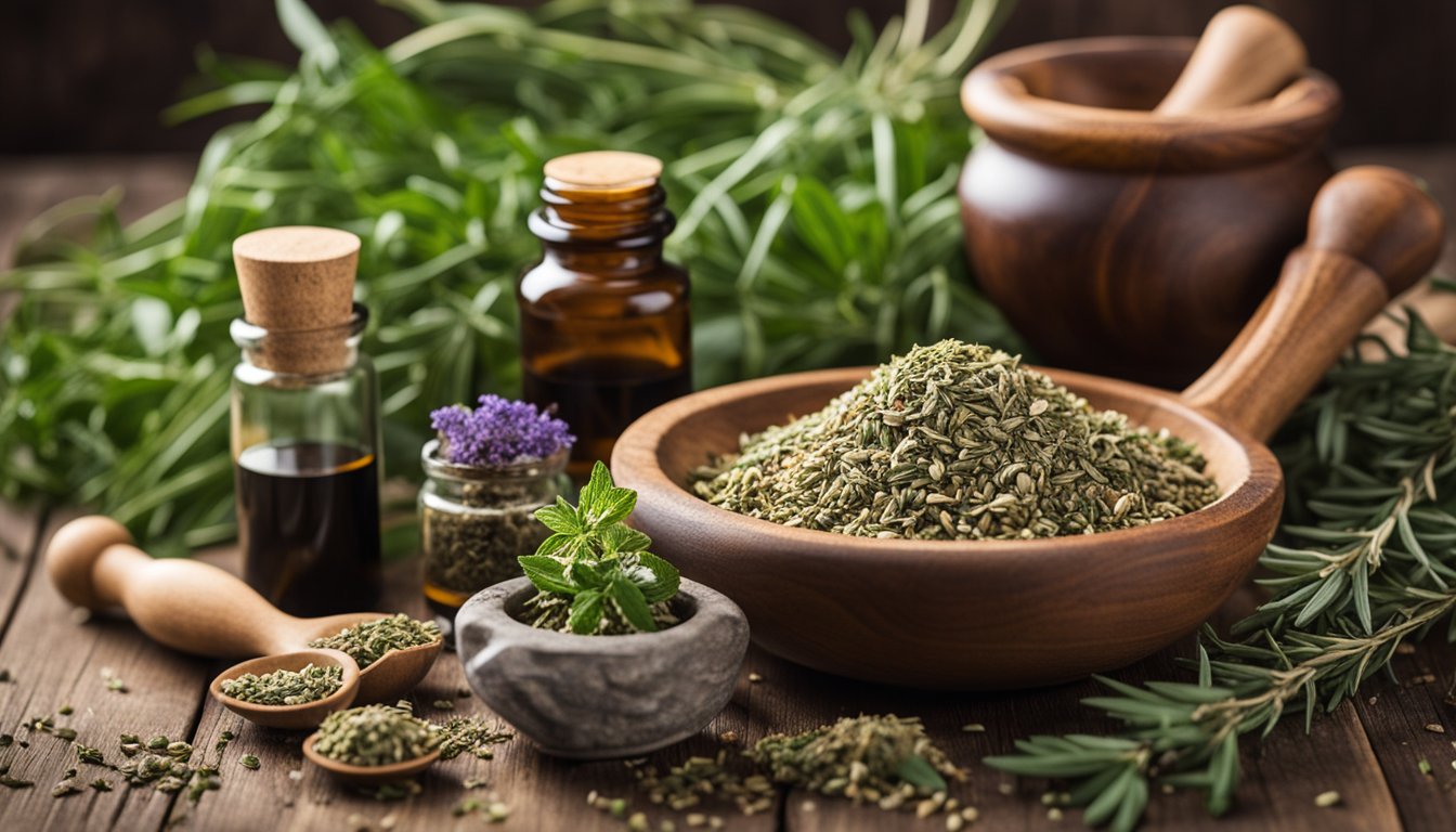 Dried herbs, essential oils, mortar and pestle on rustic table