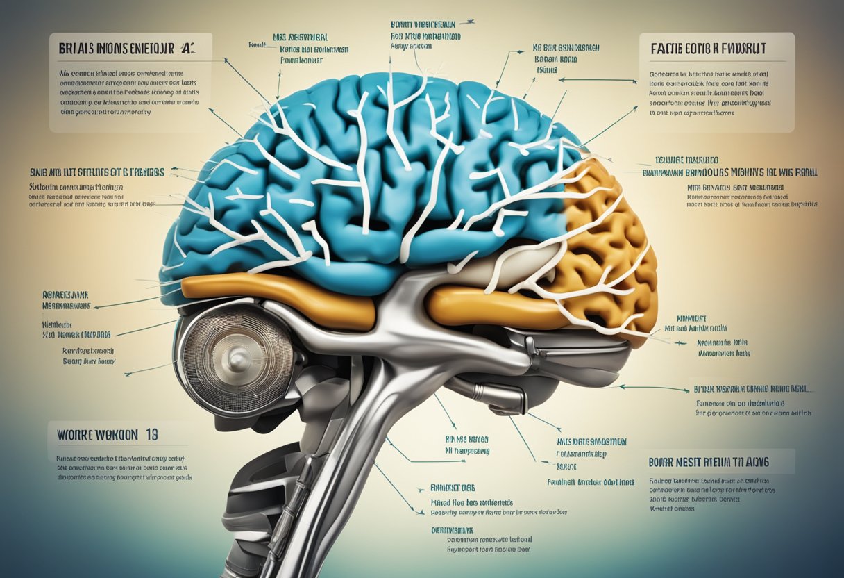 Een diagram van een hersenen en het ruggenmerg, met pijlen die vermoeidheid en rustperiodes tussen trainingen aangeven.