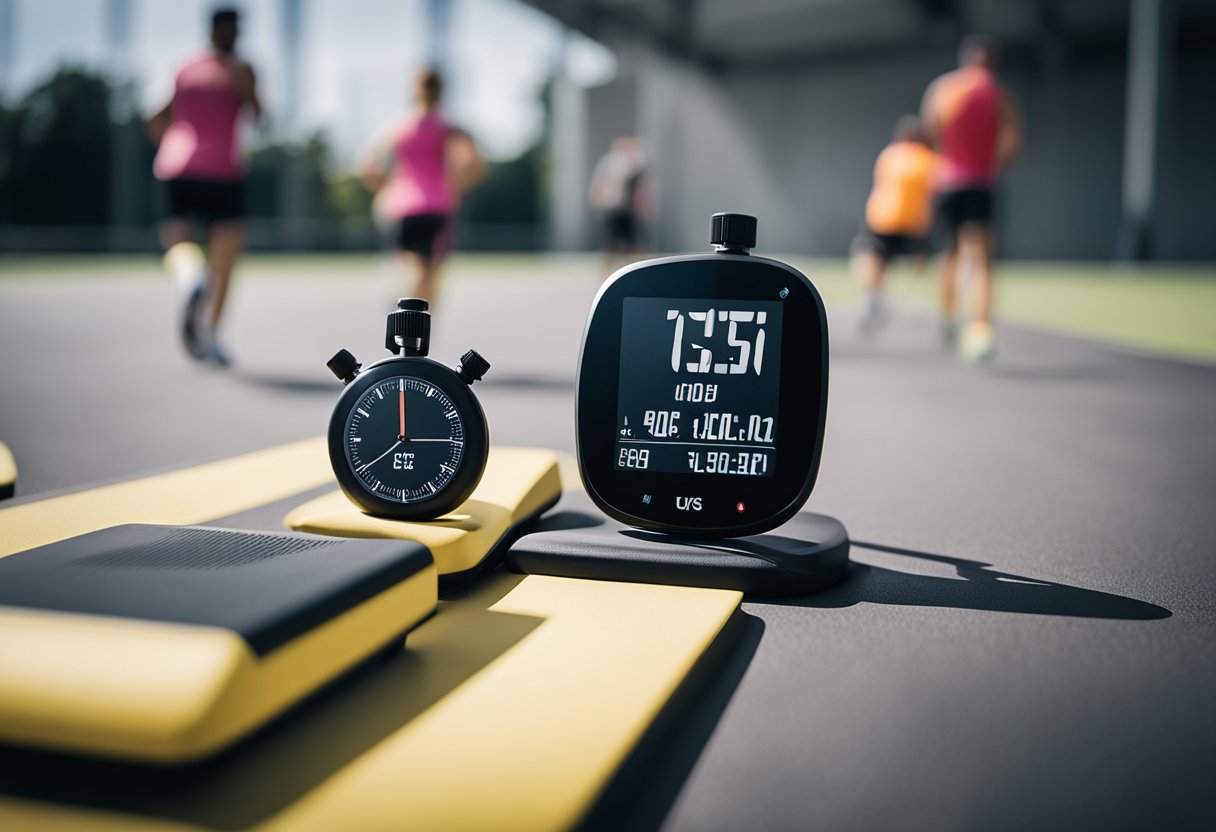 Een stopwatch geplaatst tussen twee oefenstations, met het ene station dat een persoon laat zien die aan het trainen is en het andere station leeg.