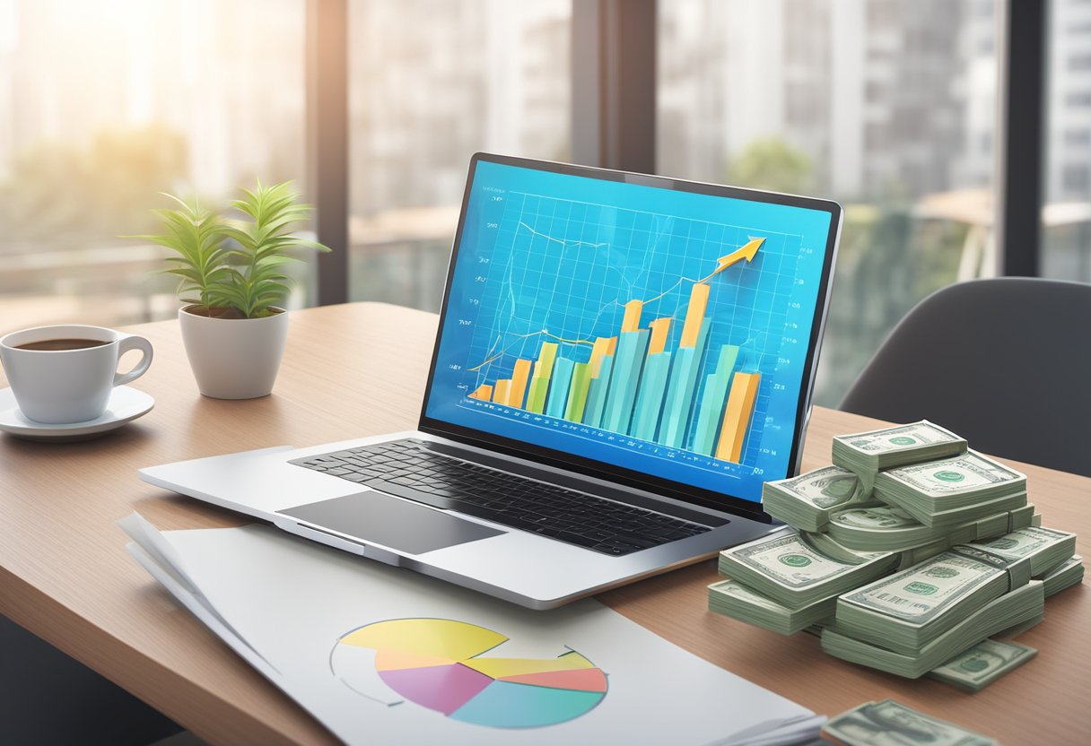 A laptop displaying financial charts and a stack of money with a rising arrow