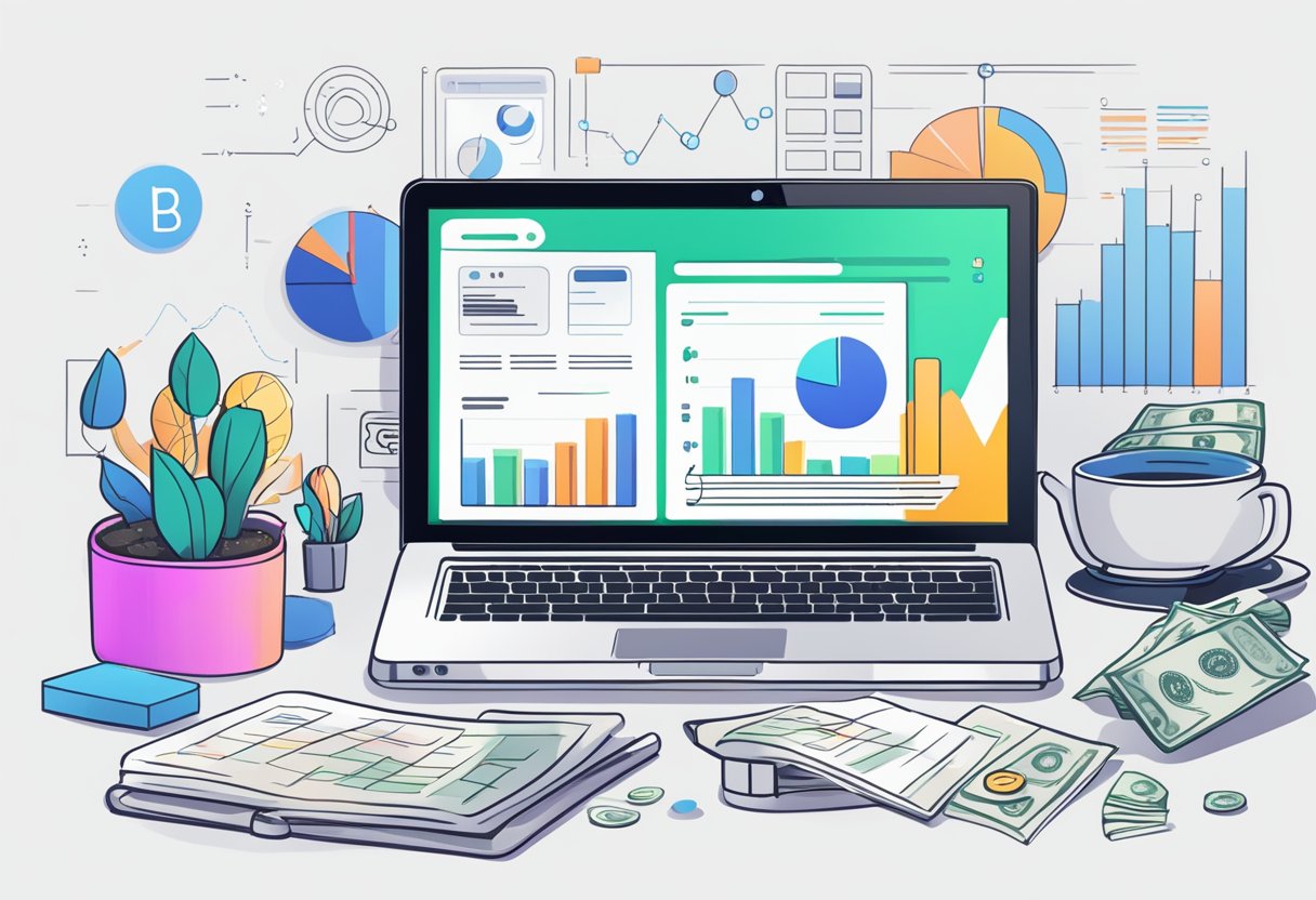 A laptop with a blog website open, surrounded by charts, graphs, and money symbols