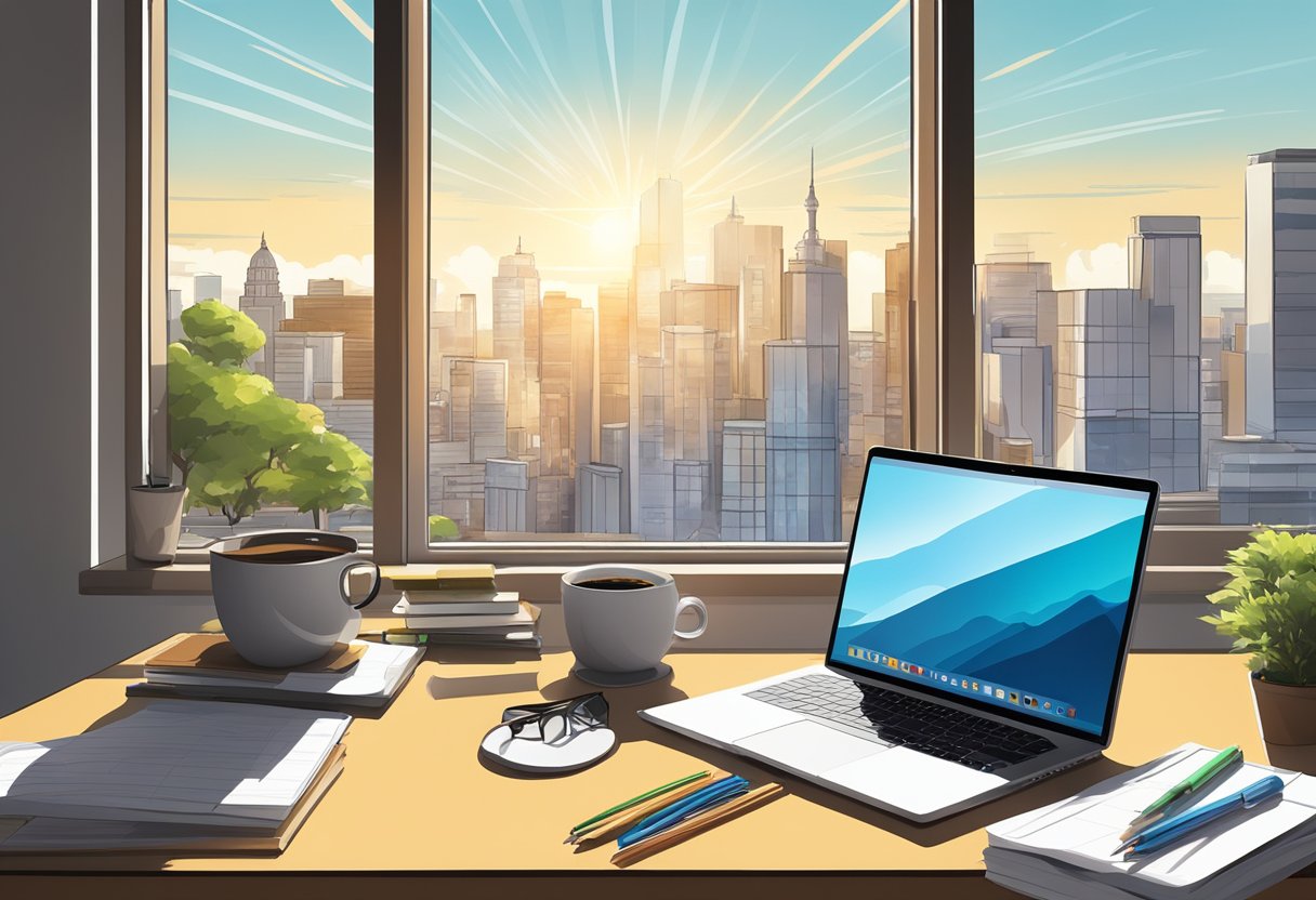 A laptop surrounded by a clutter of notebooks, pens, and coffee mugs on a desk, with a window showing a sunny cityscape in the background