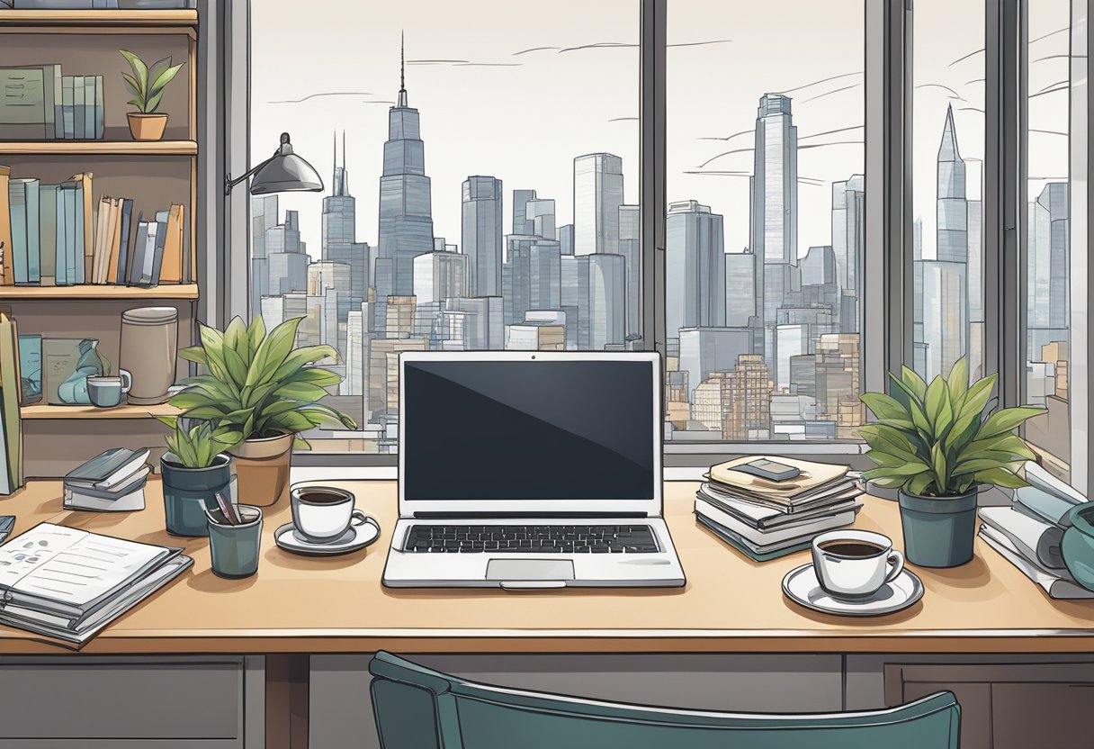 A cluttered desk with a laptop, notebooks, and a cup of coffee. A calendar on the wall shows deadlines. A window reveals a city skyline