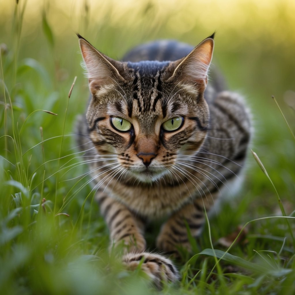 A cat with slitted pupils crouches in tall grass, its three eyelids blinking rapidly as it locks onto its prey