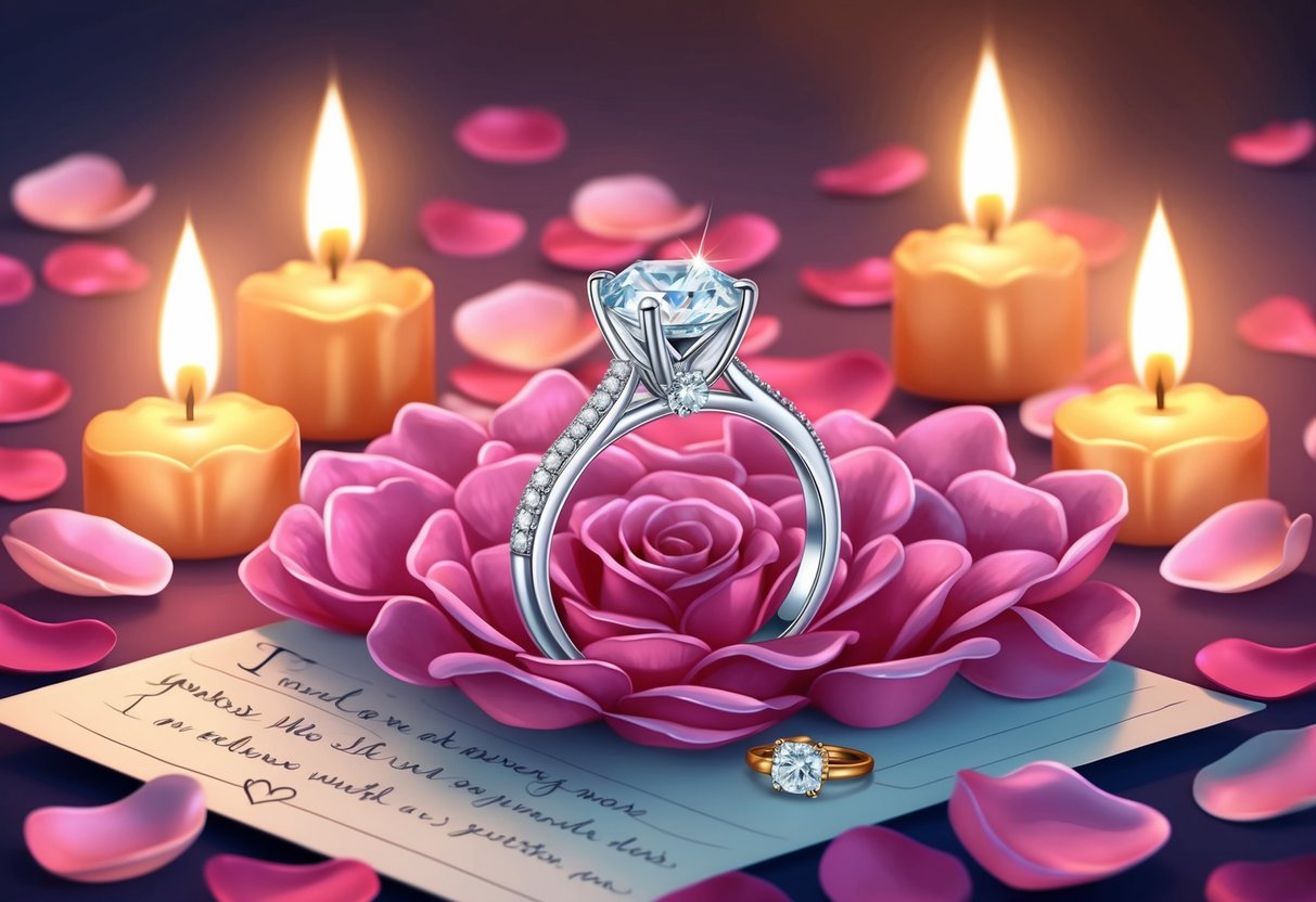 A sparkling engagement ring sits atop a bed of rose petals, surrounded by flickering candles and a handwritten love note