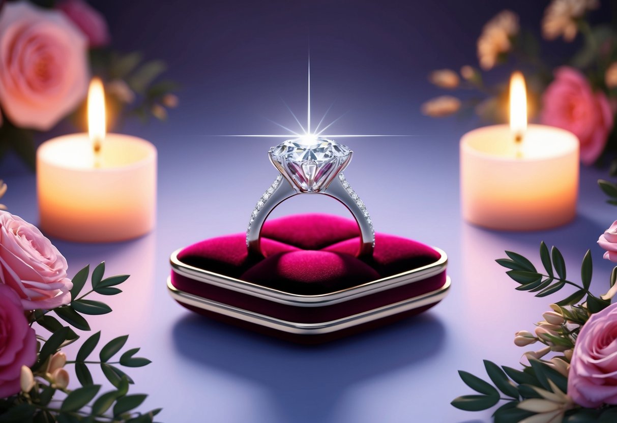 A sparkling diamond engagement ring on a velvet cushion, surrounded by soft candlelight and elegant floral arrangements